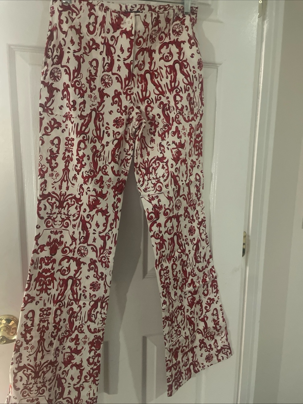 Etcetera White Wide-Leg Pants with Red Scroll Print